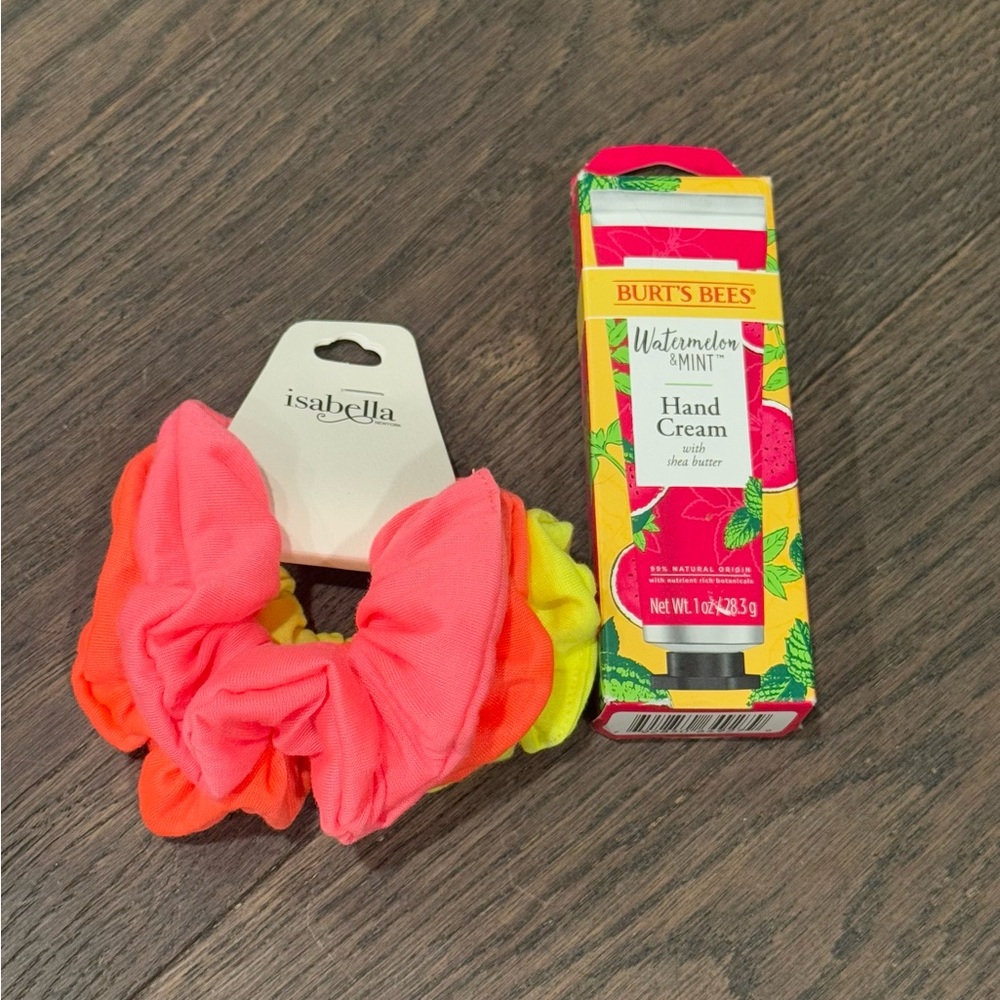 Isabella Neon 3 Pack Scrunchie Set & Burt’s Bees Hand Cream Bundle